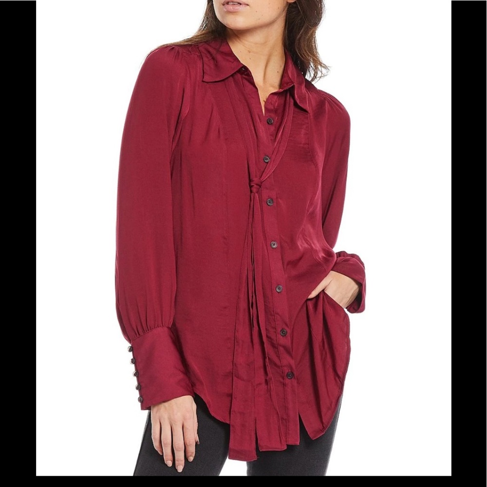 Free People LaLa Point Collar Tie Button Front Long Sleeve Blouse